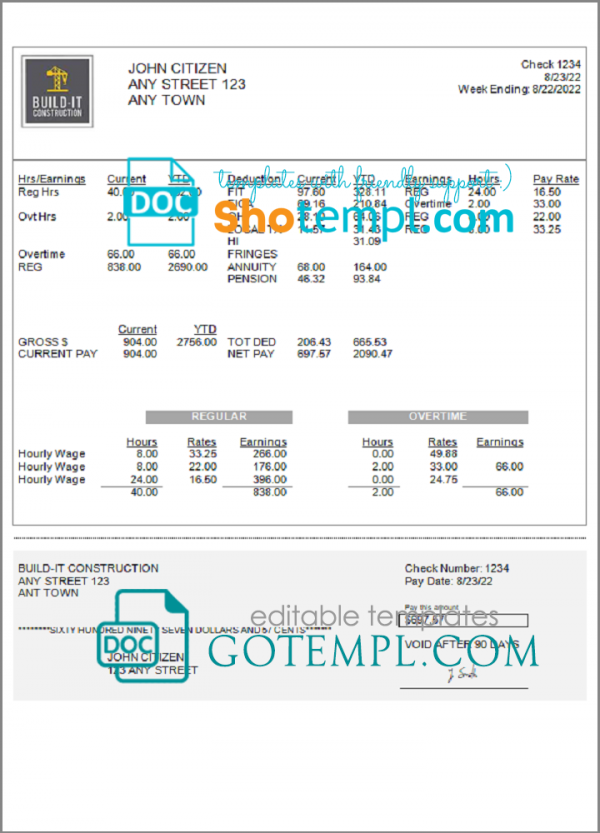 # true market pay stub template in Word and PDF format