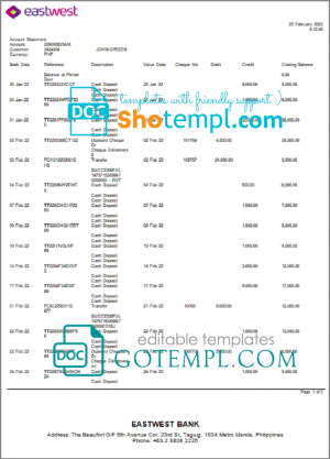 Philippines EastWest bank statement template in Word and PDF format