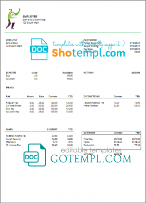 green culture pay stub template in Word and PDF format