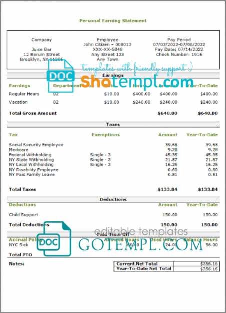 smooth slick pay stub template in Word and PDF format