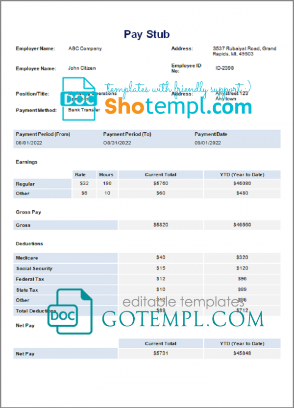 # unique age pay stub template in Word and PDF format