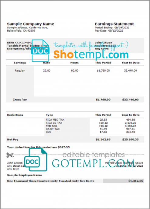 nice job pay stub template in Word and PDF format