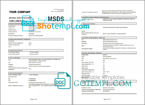 your company material safety data sheet (MSDS) template in Word and PDF format, 3 pages