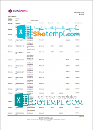 Philippines EastWest bank statement template in Excel and PDF format