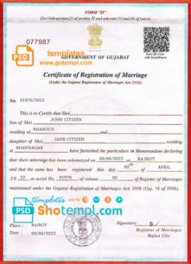 India Government of Gujarat marriage certificate template in PSD format