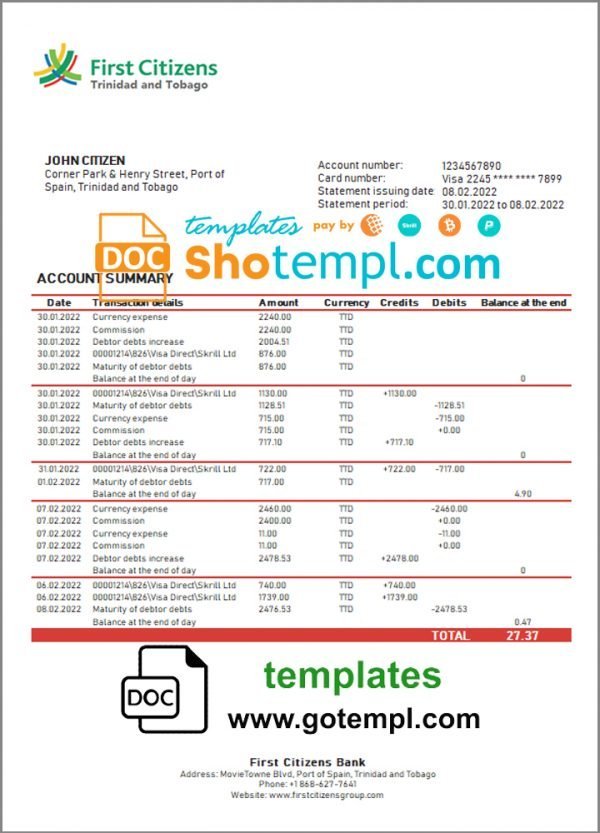 Trinidad and Tobago First Citizens Bank statement template in Word and PDF format