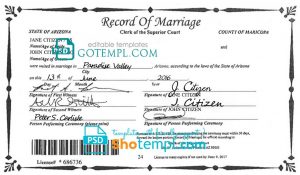 USA Arizona state marriage certificate template in PSD format