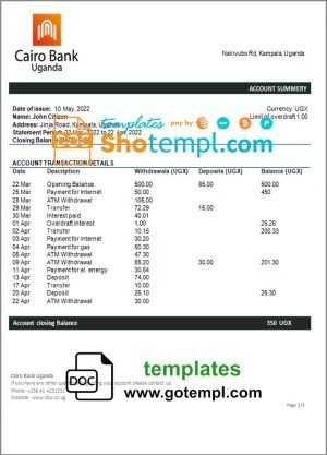 Uganda Cairo bank statement template in Word and PDF format