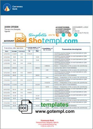 Uganda Centenary bank statement template in Word and PDF format