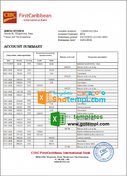 Saint Vincent and The Grenadines First Caribbean International Bank statement template in Excel and PDF format