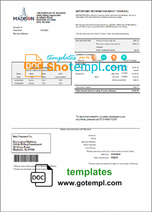 USA New Jersey The Borough of Madison utility bill template in Word and PDF format