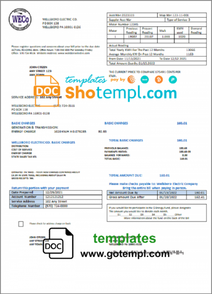 USA Pennsylvania Wellsboro Electric utility bill template in Word and PDF format