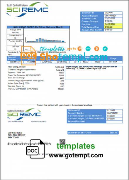 USA Indiana SCI REMC utility bill template in Word and PDF format