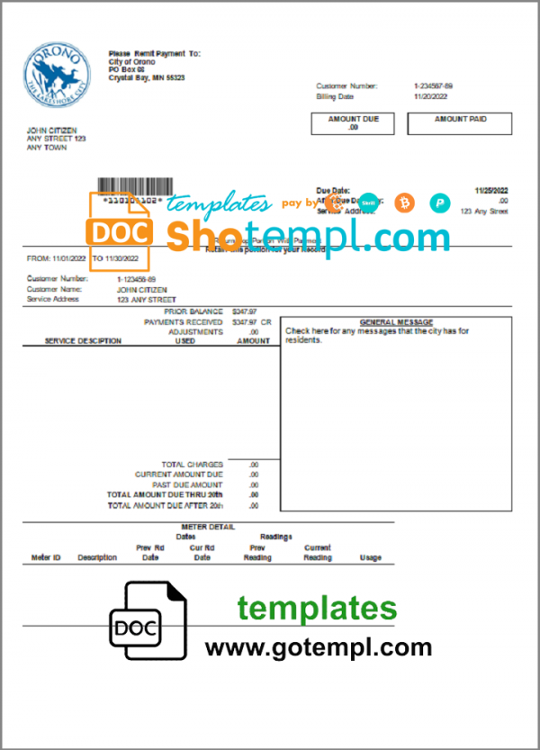 USA Nevada Orono The Lakehore City utility bill template in Word and PDF format