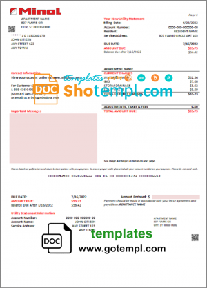 USA Texas Minol utility bill template in Word and PDF format