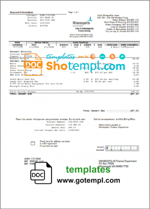USA Minnesota Minneapolis City of Lakes utility bill template in Word and PDF format