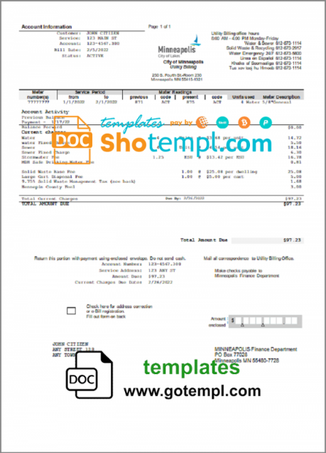 USA Minnesota Minneapolis City of Lakes utility bill template in Word and PDF format