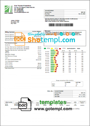 USA Ontario Erie Thames utility bill template in Word and PDF format