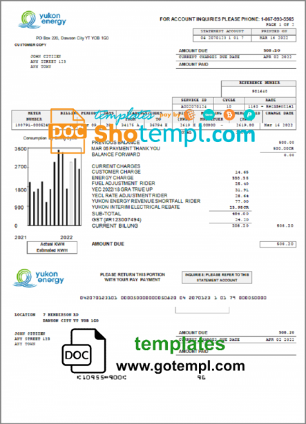 Canada Yukon Energy utility bill template in Word and PDF format