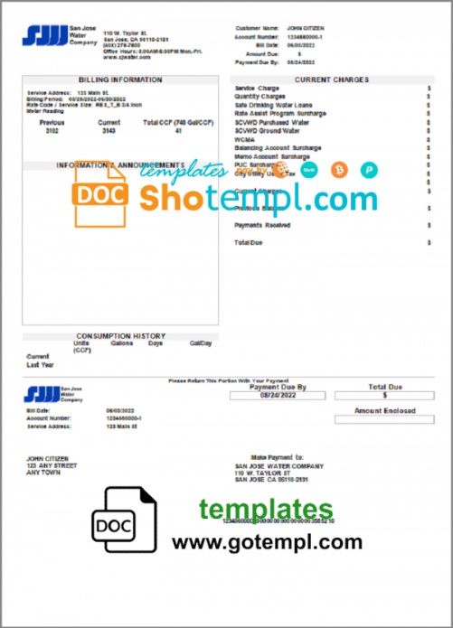 USA California San Jose Water utility bill template in Word and PDF format