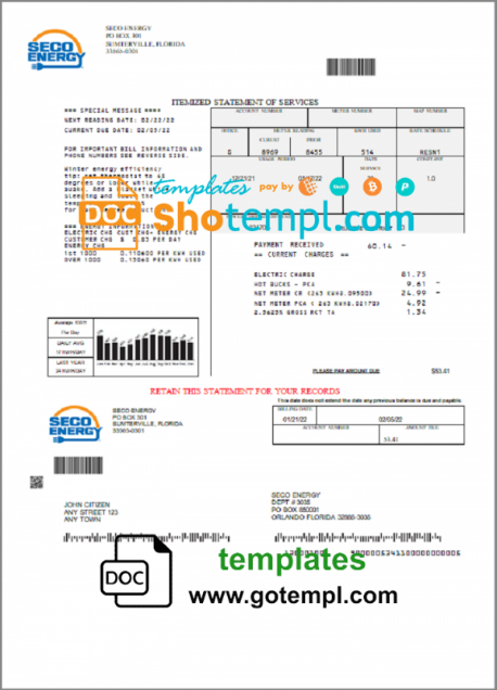 USA Florida Seco Energy utility bill template in Word and PDF format