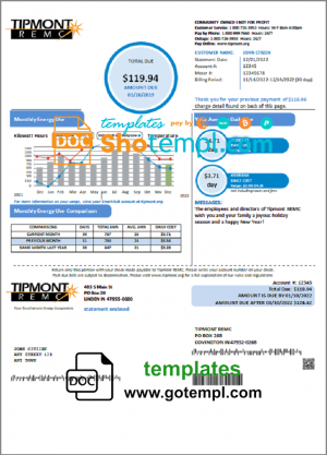 USA Indiana Tipmont utility bill template in Word and PDF format