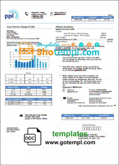 USA Philadelphia PPL utility bill template in Word and PDF format