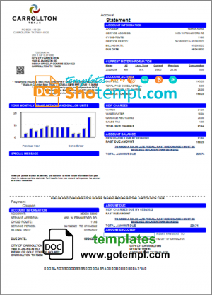 USA Texas Carrollton utility bill template in Word and PDF format