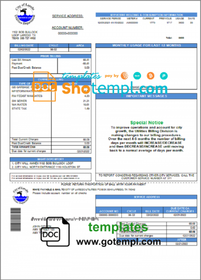 USA Texas City of Laredo Utilities Department water utility bill template in Word and PDF format