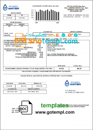 USA Texas El Paso Water utility bill template in Word and PDF format