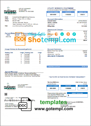 USA Texas McKinney utility bill template in Word and PDF format