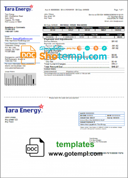 USA Texas Tara Energy utility bill template in Word and PDF format