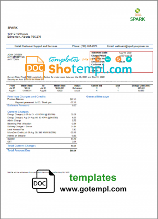 Canada Alberta Spark utility bill template in Word and PDF format
