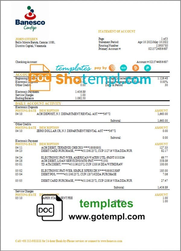 Venezuela Banesco bank statement template in Word and PDF format