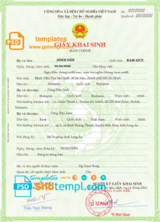 Vietnam birth certificate template in PSD format, fully editable