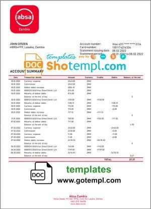 Zambia Absa bank statement template in Word and PDF format