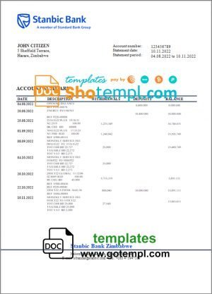 Zimbabwe Stanbic Bank statement template in Word and PDF format