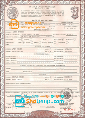 Guatemala vital record death certificate PSD template, fully editable