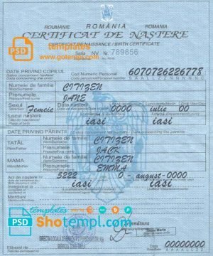Romania birth certificate template in PSD format, fully editable