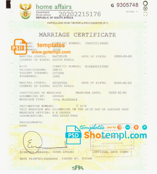 South Africa marriage certificate template in PSD format, fully editable