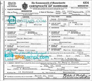 USA Massachusetts marriage certificate template in PSD format