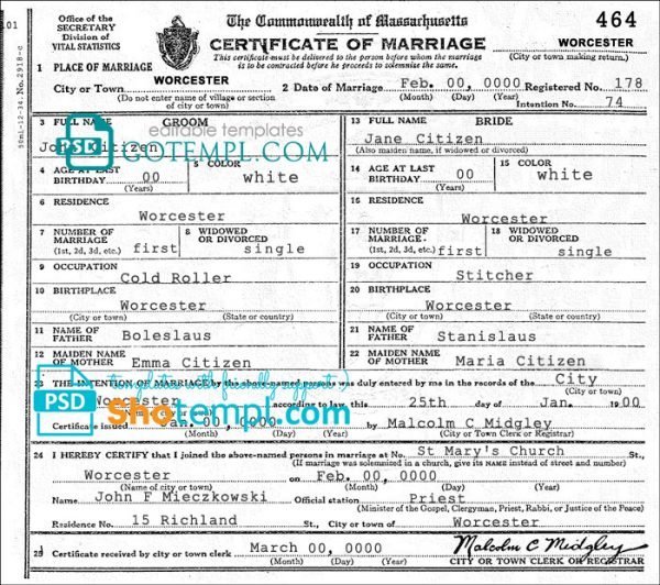 USA Massachusetts marriage certificate template in PSD format