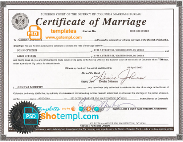 USA Washington district of Columbia marriage certificate template in PSD format