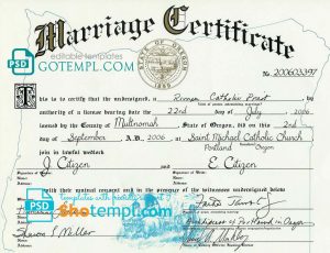 USA Oregon state marriage certificate template in PSD format