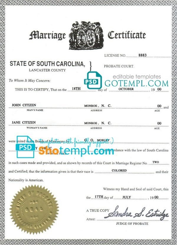 USA South Carolina marriage certificate template in PSD format