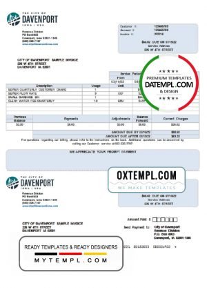 USA Iowa City of Davenport utility bill template in Word and PDF format