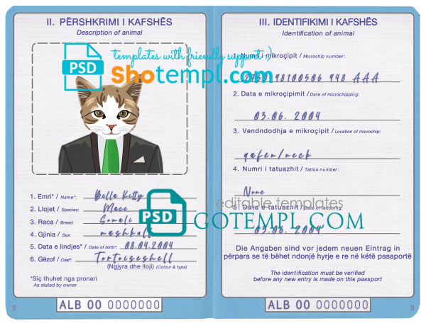 free Albania cat (animal, pet) passport PSD template, completely editable