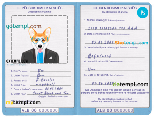 free Albania dog (animal, pet) passport PSD template, completely editable