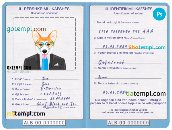 free Albania dog (animal, pet) passport PSD template, completely editable