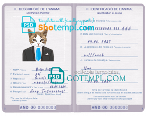 free Andorra cat (animal, pet) passport PSD template, fully editable